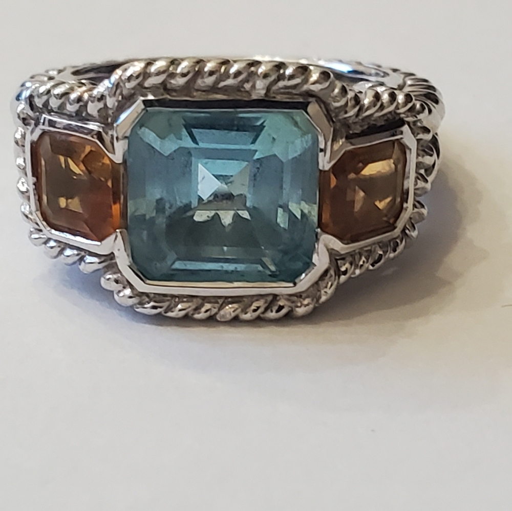 Judith Ripka Cushion Cut Citrine & Blue Topaz 3-stone Ring,Sz 6